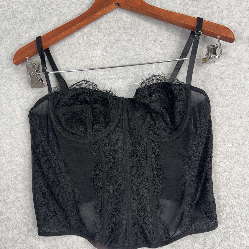 NWT Black Lace Mesh Bustier Corset Crop Top Size L Hook Eye Y2K Coquette